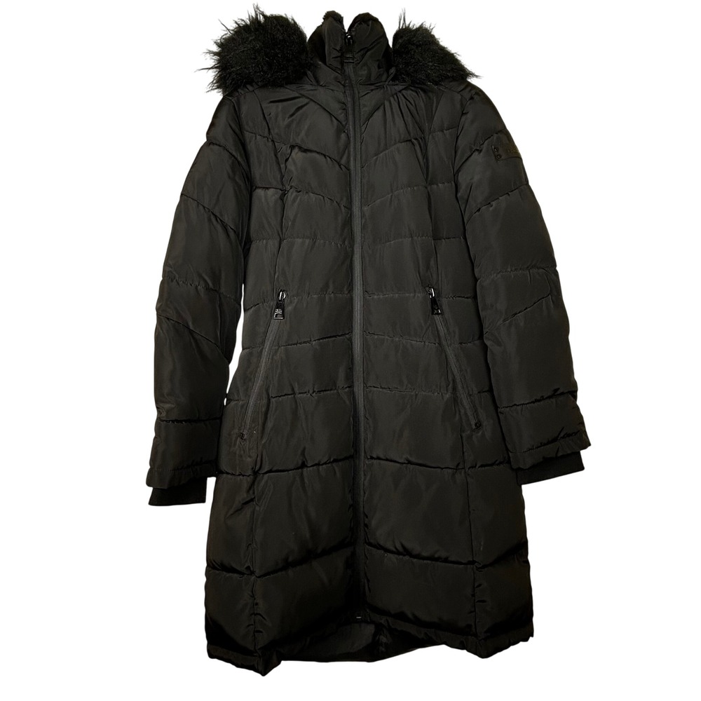 Karl Lagerfeld Paris Black Quilted Coat S‎ Faux Fur Hood Warm Winter Style